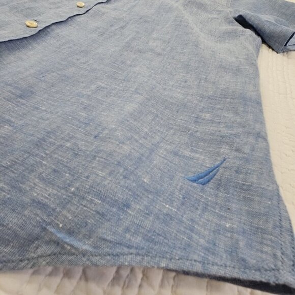 Nautica Linen Blend Short Sleeve Shirt Men's M Blue Button Up EUC LN Resortwear - Picture 2 of 12